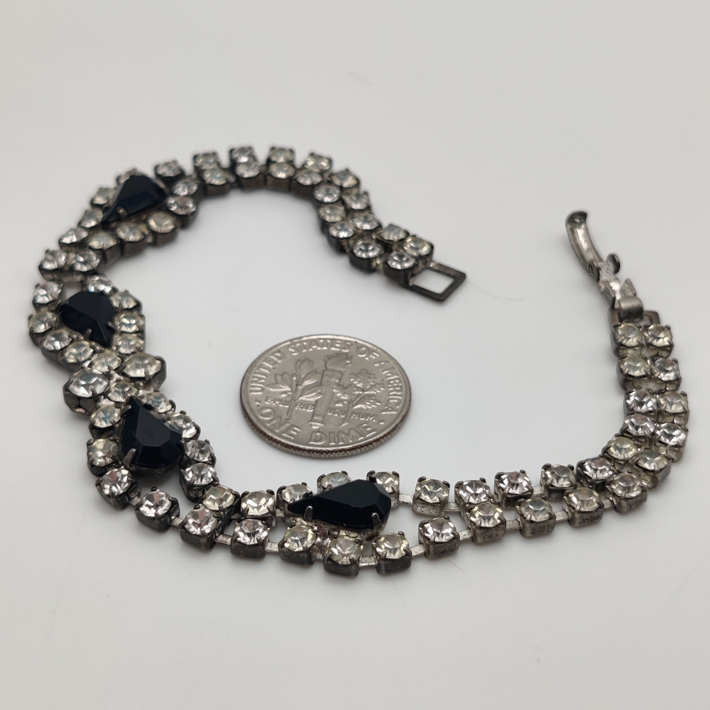 Vintage Prong Set Jet Black & Clear Rhinestone Silvertone Bracelet